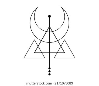 Magia Crescent Moon. Símbolo de la deidad vikingüe, Geometría sagrada celta, tatuaje del logo negro, triángulos esotéricos de alquimia. Ilustración vectorial de objetos de ocultismo espiritual aislada en fondo blanco