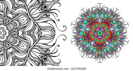 Magic cross. Circular mandala pattern for coloring, henna, tattoo, mehndi, books, decoration. Ornate decorative ornament in ethnic oriental style. Vector image