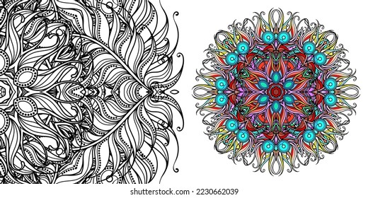 Magic cross. Circular mandala pattern for coloring, henna, tattoo, mehndi, books, decoration. Ornate decorative ornament in ethnic oriental style. Vector image