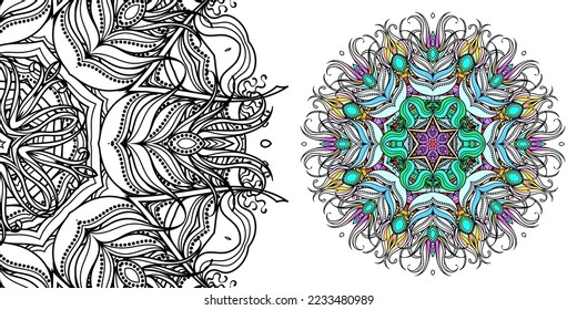 Magic cross. Circular mandala pattern for coloring, henna, tattoo, mehndi, books, decoration. Ornate decorative ornament in ethnic oriental style. Vector image