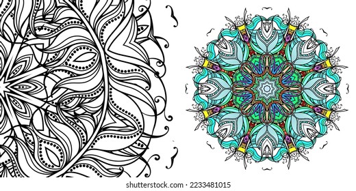 Magic cross. Circular mandala pattern for coloring, henna, tattoo, mehndi, books, decoration. Ornate decorative ornament in ethnic oriental style. Vector image