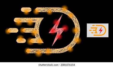 Magische Kreuzung Maschenspannung mit Lichtpunkten auf schwarzem Hintergrund. Leuchtende Vektorgitter wird aus der elektrischen Spannung-Glyphe, mit intersektiertem Netz und Lichtflecken erstellt.