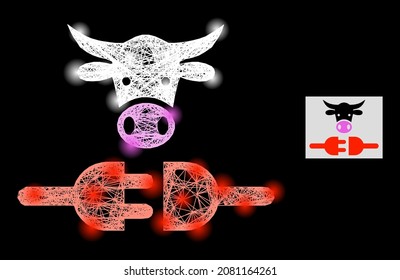 Magic crossing mesh farm power supply with light spots on a black background. Light vector structure is based on farm power supply symbol, with linear net and light spots.