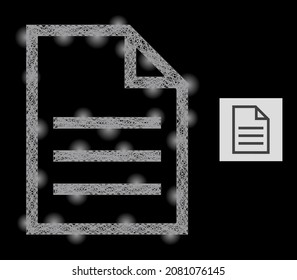 Magic crossing mesh text page with light spots on a black background. Light vector mesh is based on text page symbol, with linear mesh and light spots.