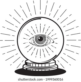 Magic crystal ball with all seeing eye, vintage design element. Future concept. Vector illustration isolated on white background, EPS 10