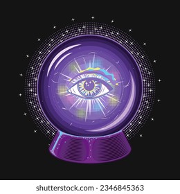 Magic crystal ball with all seeing eye and flashes inside. Glowing glass orb with light inside for clairvoyant witchcraft. Prediction, occult, mystical concept.