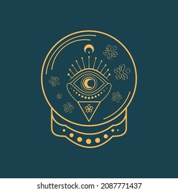 Magic crystal ball with celestial symbols of moon and eye