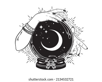 Magic crystal ball with crescent moon and stars in hands of fortune teller line art and dot work. Boho chic tattoo, poster or altar veil print design vector illustration