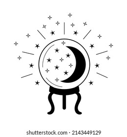 Magic crystal ball with crescent moon and stars. Prediction of future, invisible energy. Vector illustration. 