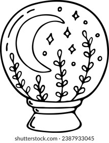 Balón mágica de cristal con luna creciente, estrellas y floral. Ilustración vectorial en estilo doodle