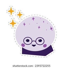 Magic crystal ball. Cute character in glasses with decorative elements. Sticker with dotted line
