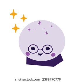 Magic crystal ball. Cute character in glasses with stars. Design element for poster or invitations