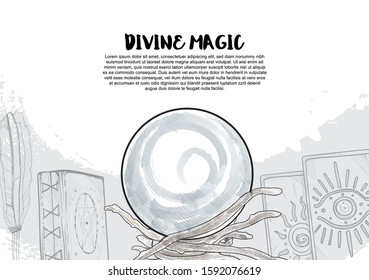 Magic crystal ball of divination with witchcraft object.