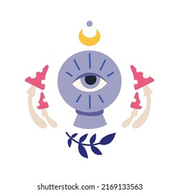 Magic crystal ball with eye, moon and mushrooms, cartoon style. Trendy modern vector illustration isolated on white background, hand drawn, flat design.