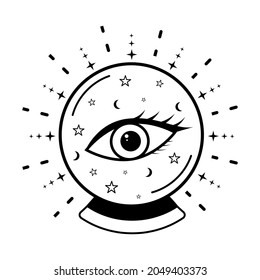 Magische Kristallkugel mit Auge der Vorsehenslinie Symbol Vektorgrafik. Halloween-Hexenattribut.