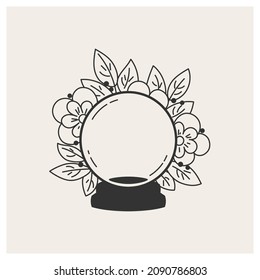 Balas de cristal mágico y flores por ahí. Símbolo de magia y brujas. Dibujo de línea. Ilustración del vector