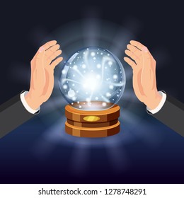 Magic crystal ball fortune, open hands, mistery, shining, magic, predictions, sphere, light effects, glow, vector, illustration, isolated, cartoon style