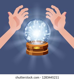 Magic crystal ball fortune, open hands, mistery, shining, magic, predictions, sphere, light effects, glow, vector, illustration, isolated, cartoon style