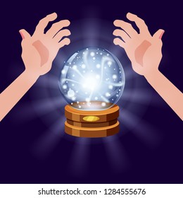 Magic crystal ball fortune, open hands, mistery, shining, magic, predictions, sphere, light effects, glow, vector, illustration, isolated, cartoon style