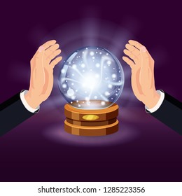 Magic crystal ball fortune, open hands, mistery, shining, magic, predictions, sphere, light effects, glow, vector, illustration, isolated, cartoon style