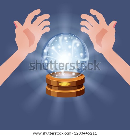 Magic crystal ball fortune, open hands, mistery, shining, magic, predictions, sphere, light effects, glow, vector, illustration, isolated, cartoon style