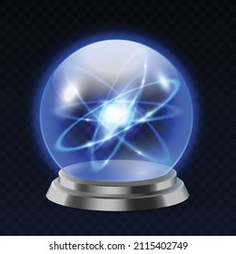 Balón de cristal mágico para adivinar la fortuna y predicción futura, orb de vidrio brillante con plasma y esfera mística dentro, globo de fantasía para brujería clarividente. Ilustración vectorial 3d realista