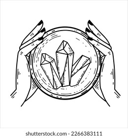 Balón de cristal mágico y gemas en mano. Ritual místico y mágico de brujas. Misterio espiritual, futuro cajero del asistente. Astrología y fortuna Esoterica.