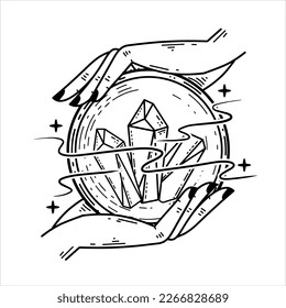Magic crystal ball and gems in hand. Mystical and magical witch ritual. Spiritual mystery future wizard teller. Esoteric Astrology and fortune.