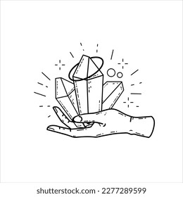 Balón de cristal mágico y gemas en mano. Ritual místico y mágico de brujas. Misterio espiritual, futuro cajero del asistente. Astrología y fortuna Esoterica.
