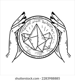 Magic crystal ball and gems in hand. Mystical and magical witch ritual. Spiritual mystery future wizard teller. Esoteric Astrology and fortune.