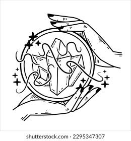 Magic crystal ball and gems in hand. Mystical and magical witch ritual. Spiritual mystery future wizard teller. Esoteric Astrology and fortune.