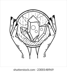 Magic crystal ball and gems in hand. Mystical and magical witch ritual. Spiritual mystery future wizard teller. Esoteric Astrology and fortune.