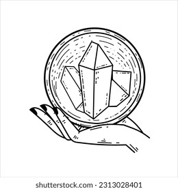 Magic crystal ball and gems in hand. Mystical and magical witch ritual. Spiritual mystery future wizard teller. Esoteric Astrology and fortune.