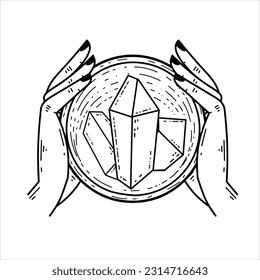 Balón de cristal mágico y gemas en mano. Ritual místico y mágico de brujas. Misterio espiritual, futuro cajero del asistente. Astrología y fortuna Esoterica.