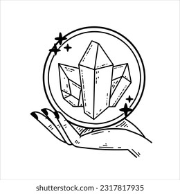 Balón de cristal mágico y gemas en mano. Ritual místico y mágico de brujas. Misterio espiritual, futuro cajero del asistente. Astrología y fortuna Esoterica.