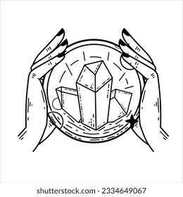 Magic crystal ball and gems in hand. Mystical and magical witch ritual. Spiritual mystery future wizard teller. Esoteric Astrology and fortune.