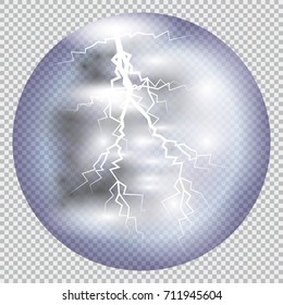 Magic crystal ball of glass and lightning White transparent glass sphere on a stand. Vector shining plasma ball on transparent background. Transparent object for design, mock-up