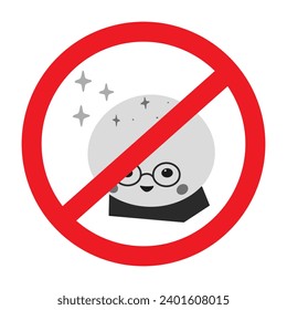 Balón de cristal mágico en escala de grises bajo el signo de la prohibición. Carácter lindo en gafas con estrellas. Pegatina