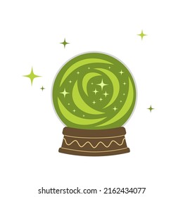 bola de cristal mágico. Esfera de asistente verde. Caricatura, plana. Pasos de ilustración vectorial aislados