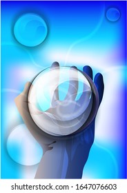 bola mágica de cristal en la mano, luz azul, descargas eléctricas y relámpagos, ilustración mística