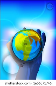 magic crystal ball in hand with continents of the planet, blue light, electric discharges and lightning, mystical illustration