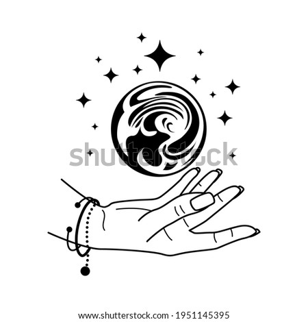 Magic Crystal Ball with hand isolated on white. Mystic magician symbol, black colors. Fortune telling
