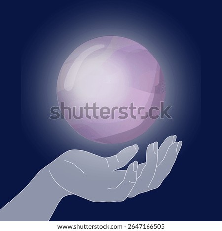 Magic crystal ball in hand. Witch mystical and magical ritual. Spiritual secret of future wizard fortune teller. Esoteric astrology and fortune. Hand drawn vector illustration