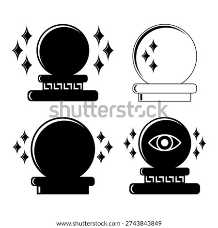 Magic crystal ball icons set for fortune telling and psychic prediction.