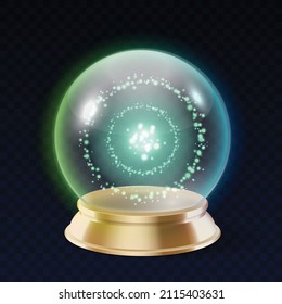 Magische Kristallkugel mit mystischer smaragdfarbener Strahlung. Grafische magische Vorhersage Kristallorb, Geheimnis, Glück, Smaragdgrün Symbol für unverständlich. 3D-Vektorgrafik