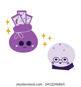 Magic crystal ball and pouch with tarot cards. Cute mystical smiling characters with abstract stars