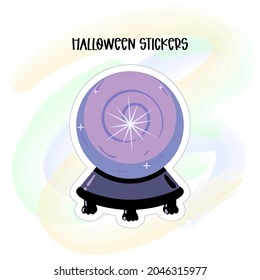 Magic Crystal Ball sticker, element from mystery collection for Halloween party decoration, invitation card, print. Witch accessories. Vector illustration.