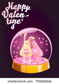 Magic crystal ball with two rabbits and small pink hearts inside. Vector illustration for Valentines day.