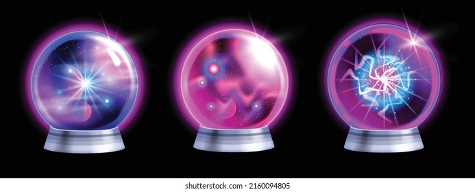 Magic Crystal Ball Vector Set, Witch Fortune Sphere, Glass Energy Purple Globe 3D Neon Light Circle. Game Power Orb, Mystery Future Round Fortune Teller Design Element Pink Shine Flare. Magic Ball Kit