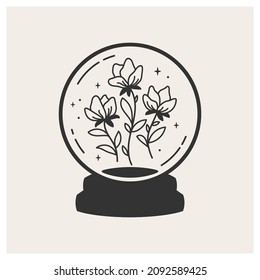 Magic crystal ball with wildflowers inside. Symbol of magic and witches. Vector illustration. Print for apparel, cards, posters.